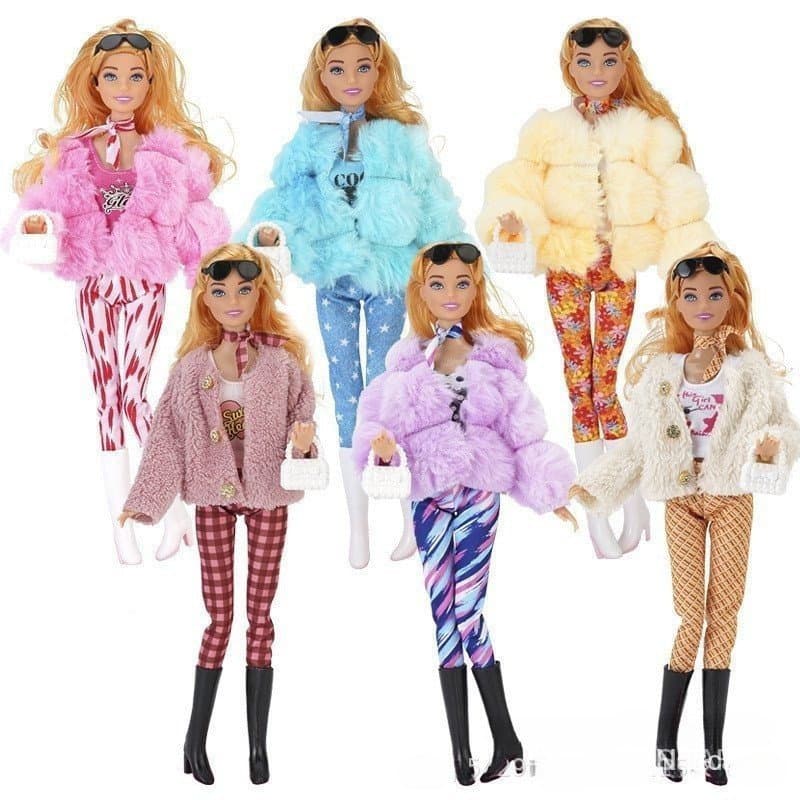 Conjunto de Roupas e Acessórios para Boneca de 30cm - Estilo DIY - Casaco de Pelo, Cachecol, Óculos, Sapatos e Bolsa