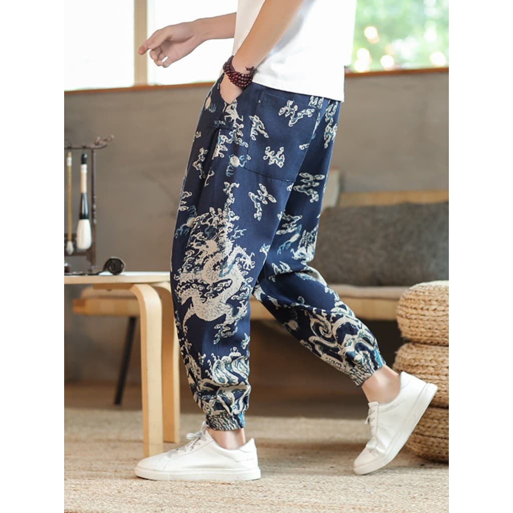 Estilo chinês verão fino calças casuais homens chinês solto tamanho grande Bloomers Retro dragão padrão Harem calças