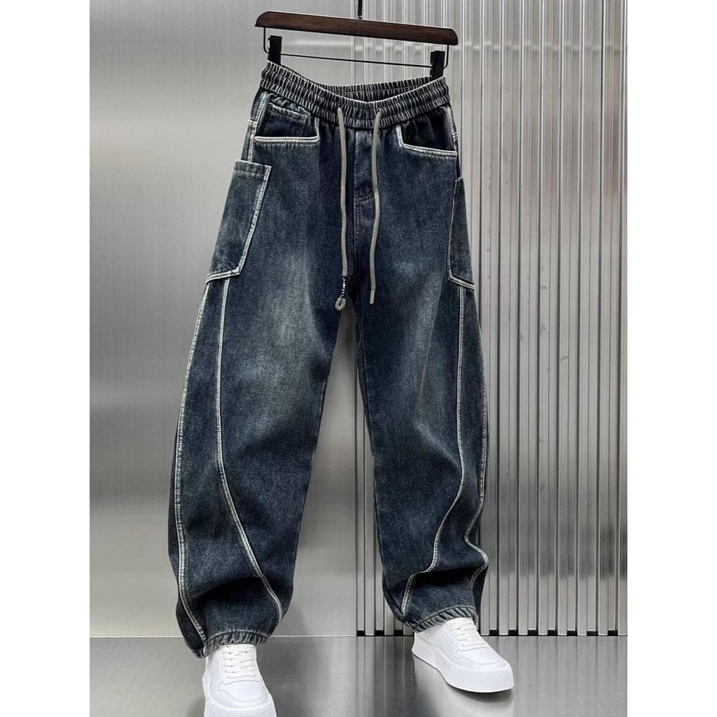 Novo estilo 2024 inverno forro de lã engrossado Machete Jeans masculino solto em linha reta calças de perna larga Retro