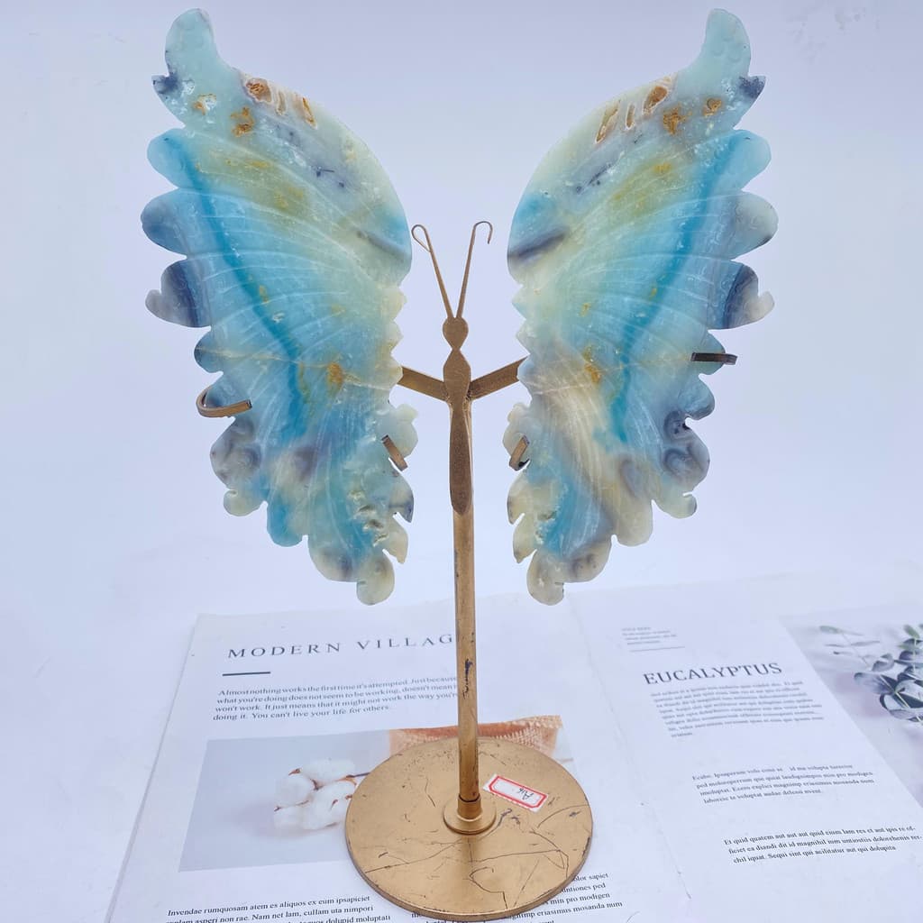 Cristal borboleta anjo dragão asas duplas asas em forma de coração disco redondo pedra áspera Base de exibição fixa