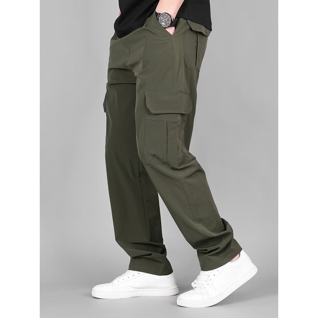 2026 verão elástico cintura elástica solta confortável calças de seda gelo masculino luz estilo maduro Multi-bolso calça