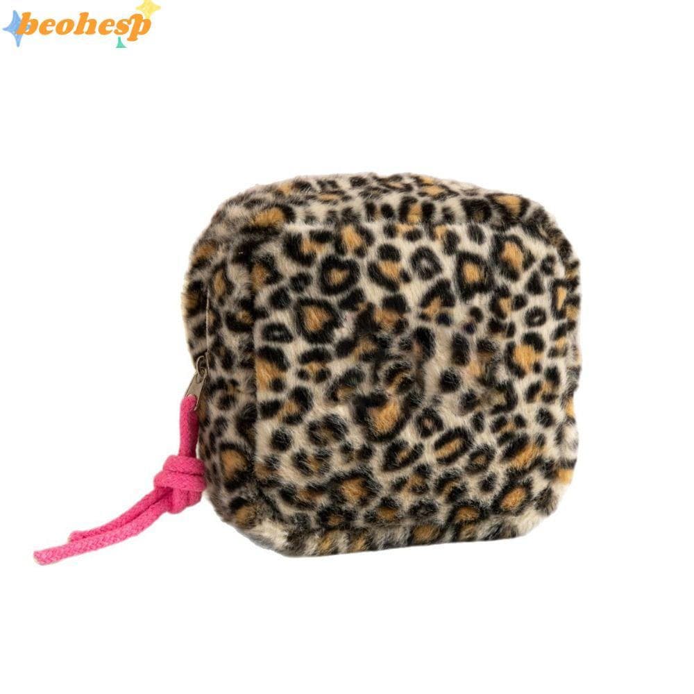 Bolsa Higiênica BEOHESP , Cosmética Quadrada De Pelúcia , Design Com Zíper Pequena De Maquiagem Estampa De Leopardo Para