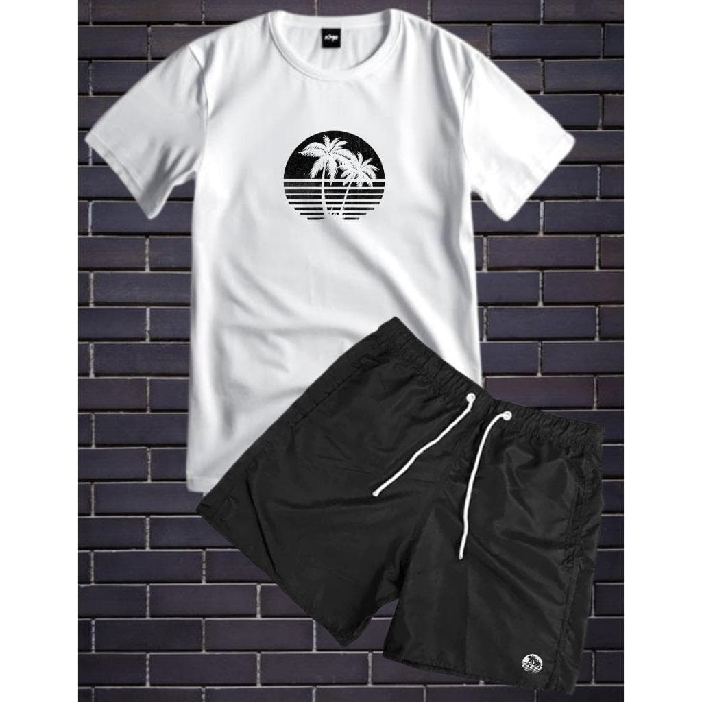 Conjunto kit masculino coqueiro camisa 100% algodão e bermuda tactel estampada