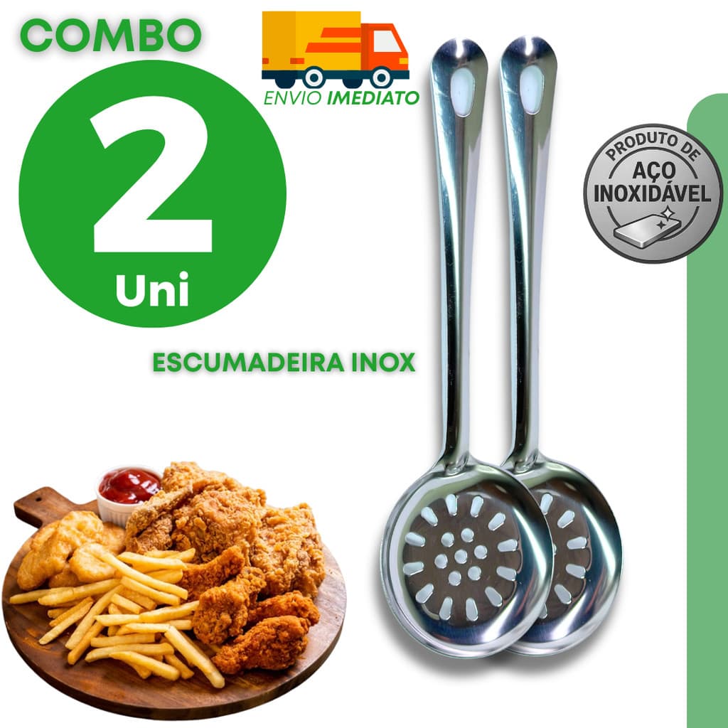 Combo Escumadeira Aço Inox Profissional para Fritar Pastel Salgado e Batata Frita com Segurança