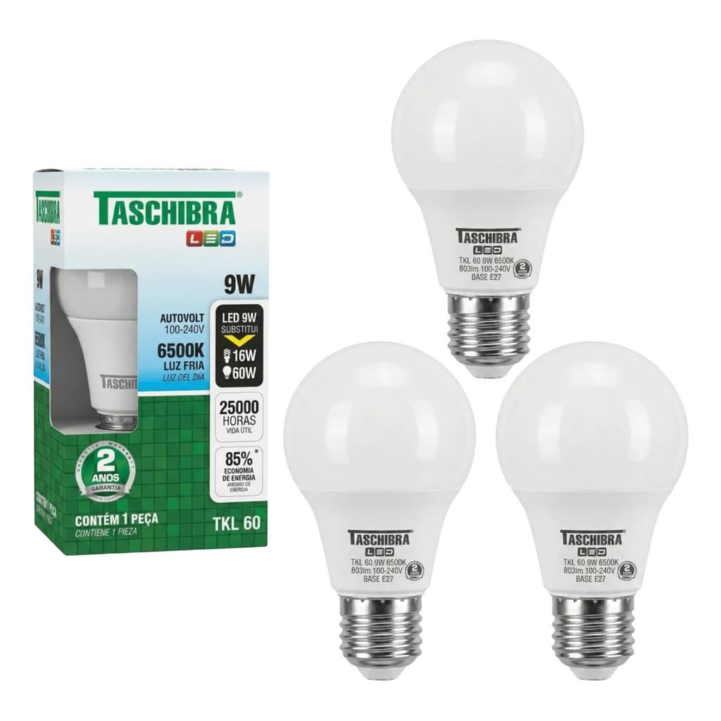 Kit 3 Lâmpadas Led Taschibra 9w Alta Potência Bivolt