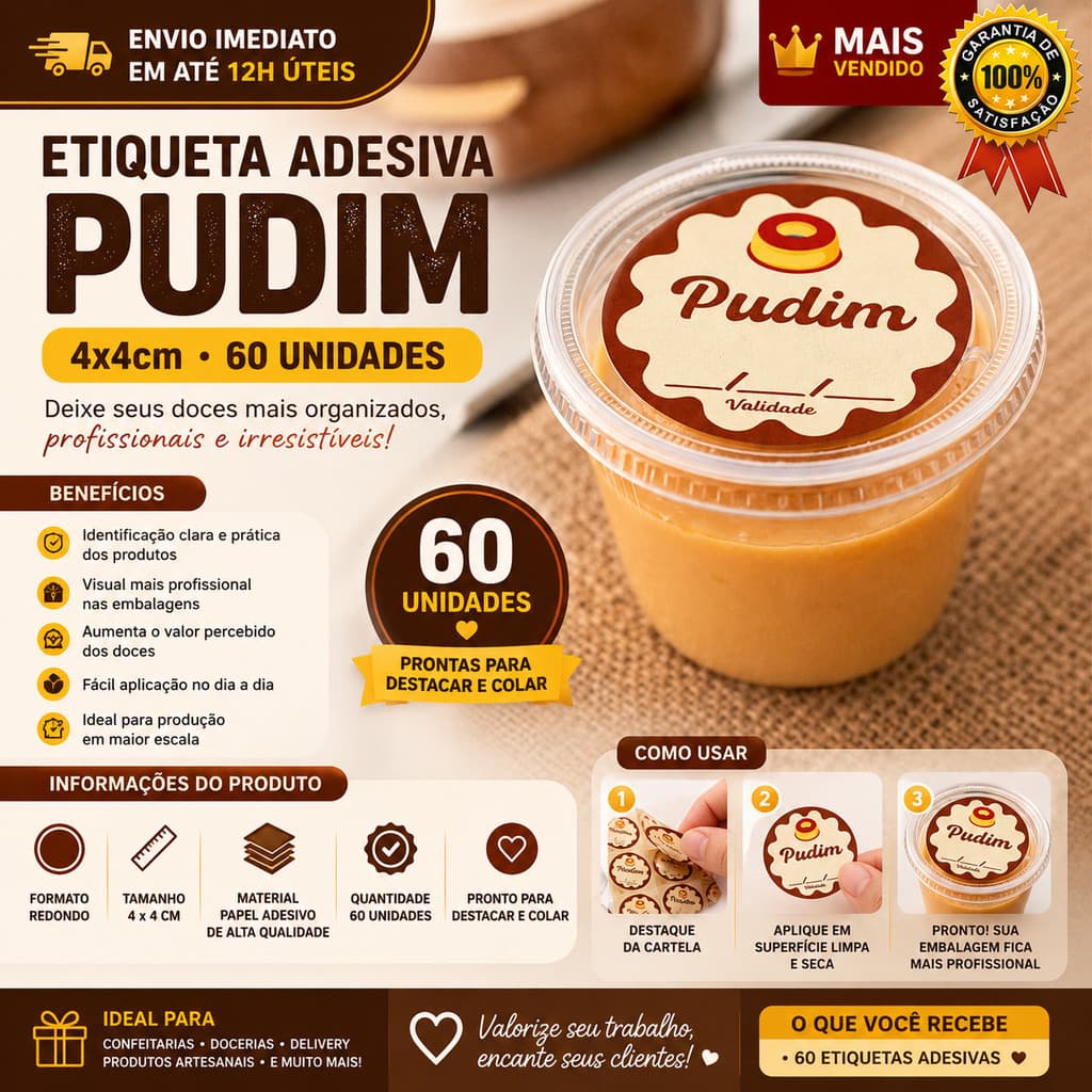 Etiqueta Adesiva Pudim 4x4cm | 60 Unidades | Para Doces e Confeitaria | Pronta Entrega