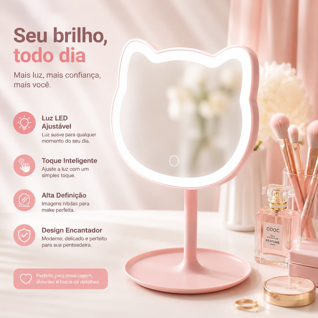 Espelho De Mesa Gatinho Maquiagem Led Touch Articulado USB