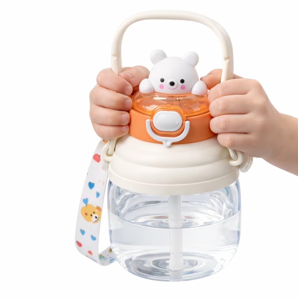 Garrafa Garrafinha de Água Infantil Urso Ursinho na cor Branca com Alça e Tampa