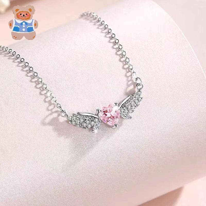 Colar De Coração De Diamante Rosa Para Mulheres Corrente De Clavícula Com Pingente De Asa De Anjo