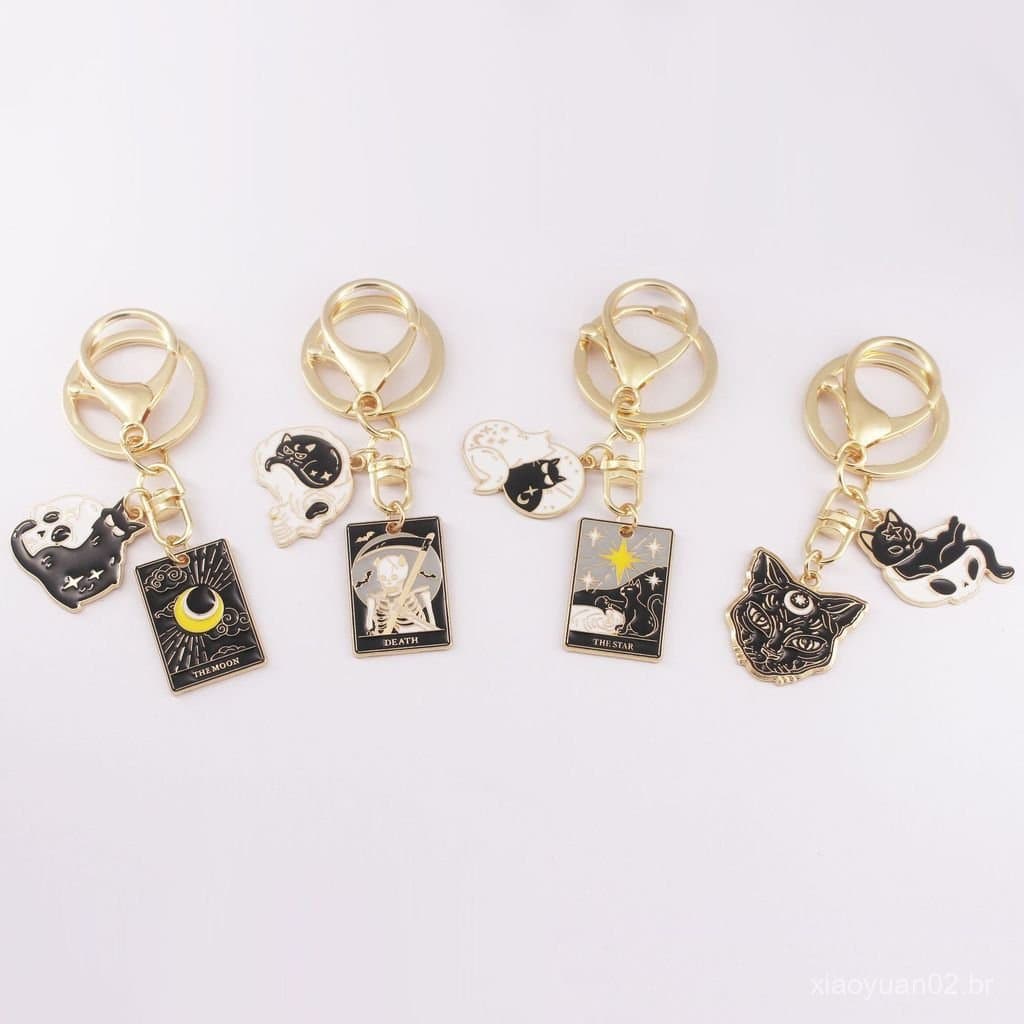 Chaveiro de cartas de tarô estilo sombrio, pingente de presente de boa sorte com deus gato preto, decoração de chaveiro,