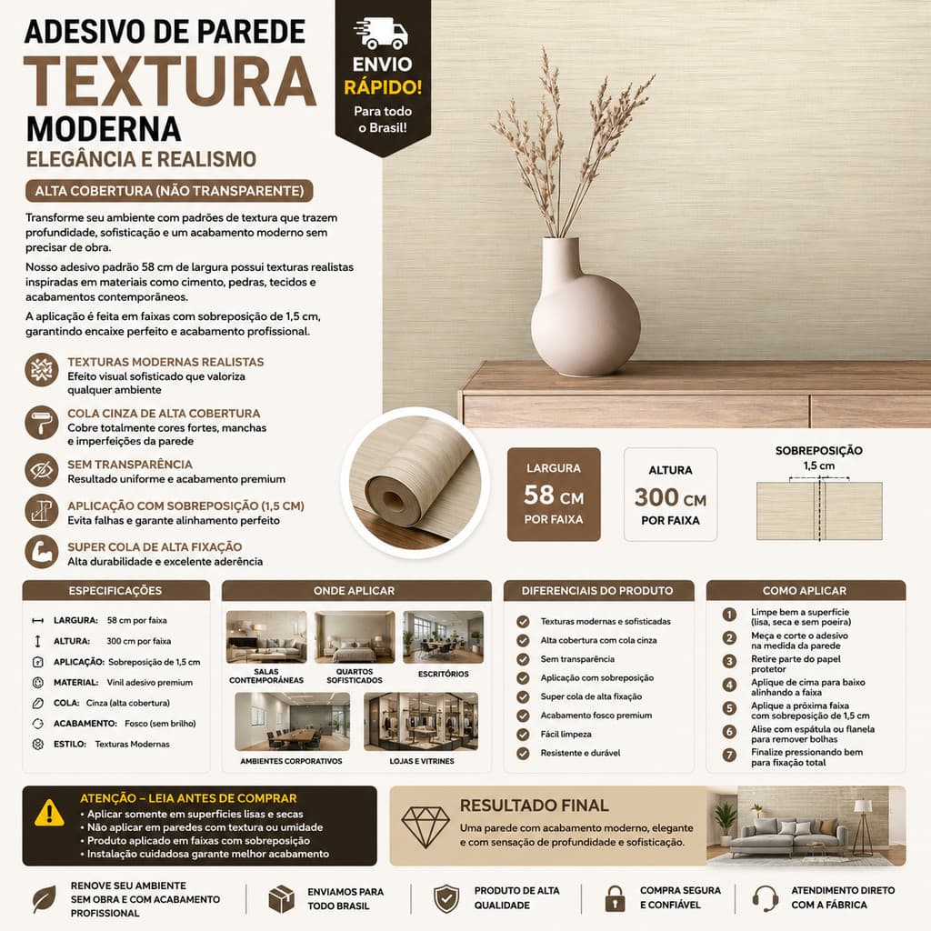 Adesivo de Parede Textura Moderna 58x300cm Alta Cobertura Cola Cinza Decorativo Premium