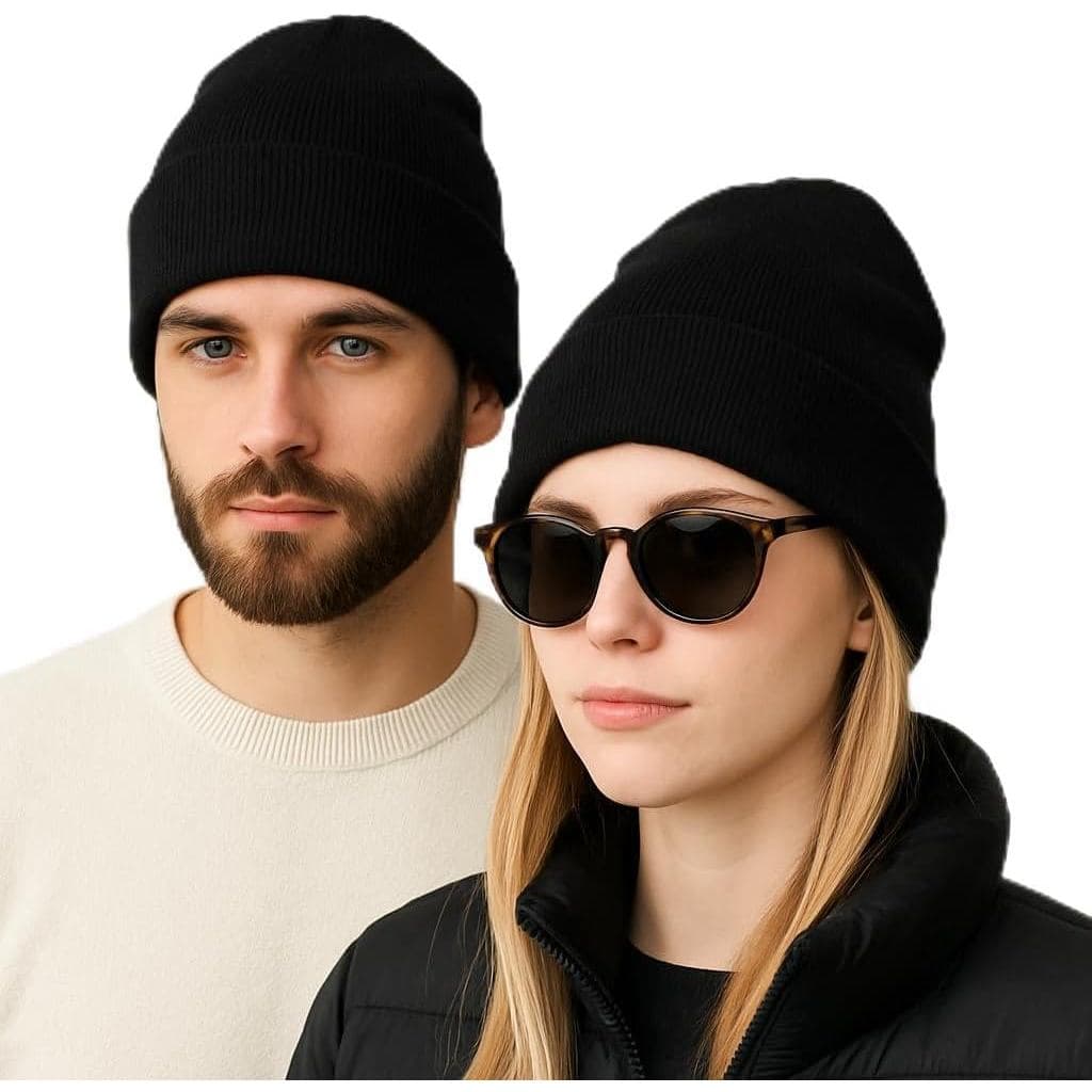 Kit com 2 Touca Gorros de Lã Preto Inverno Unissex - Touca Lisa Preta Térmica Proteção Frio Cabeça