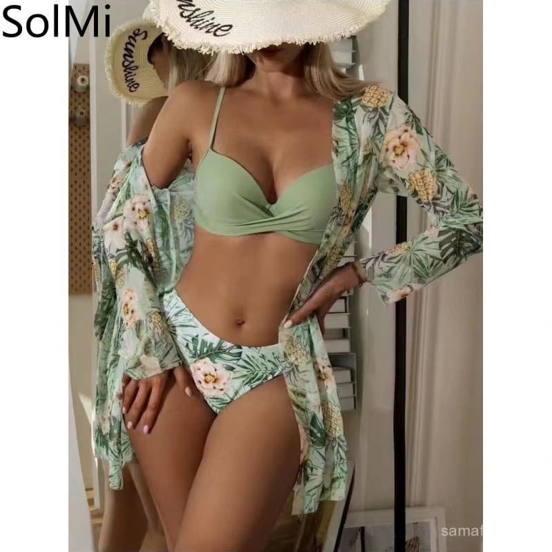Novo Conjunto de Maiô Europeu e Americano de Três Peças com Cobertura Moda Feminina Europeia e Americana Biquíni Transfr