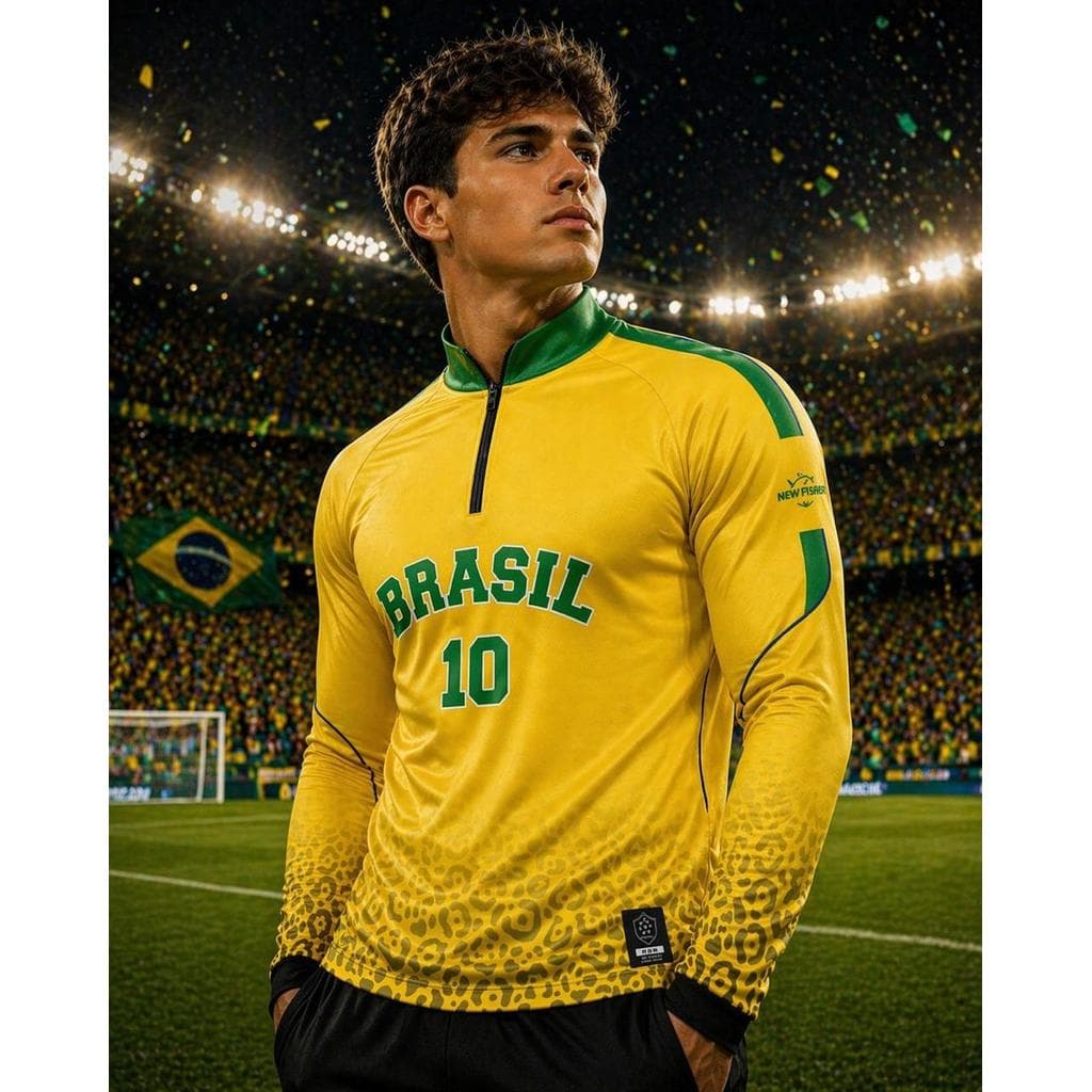 Camiseta Brasil Copa Amarela Gola Zíper Proteção Solar UV - New Fisher - N59