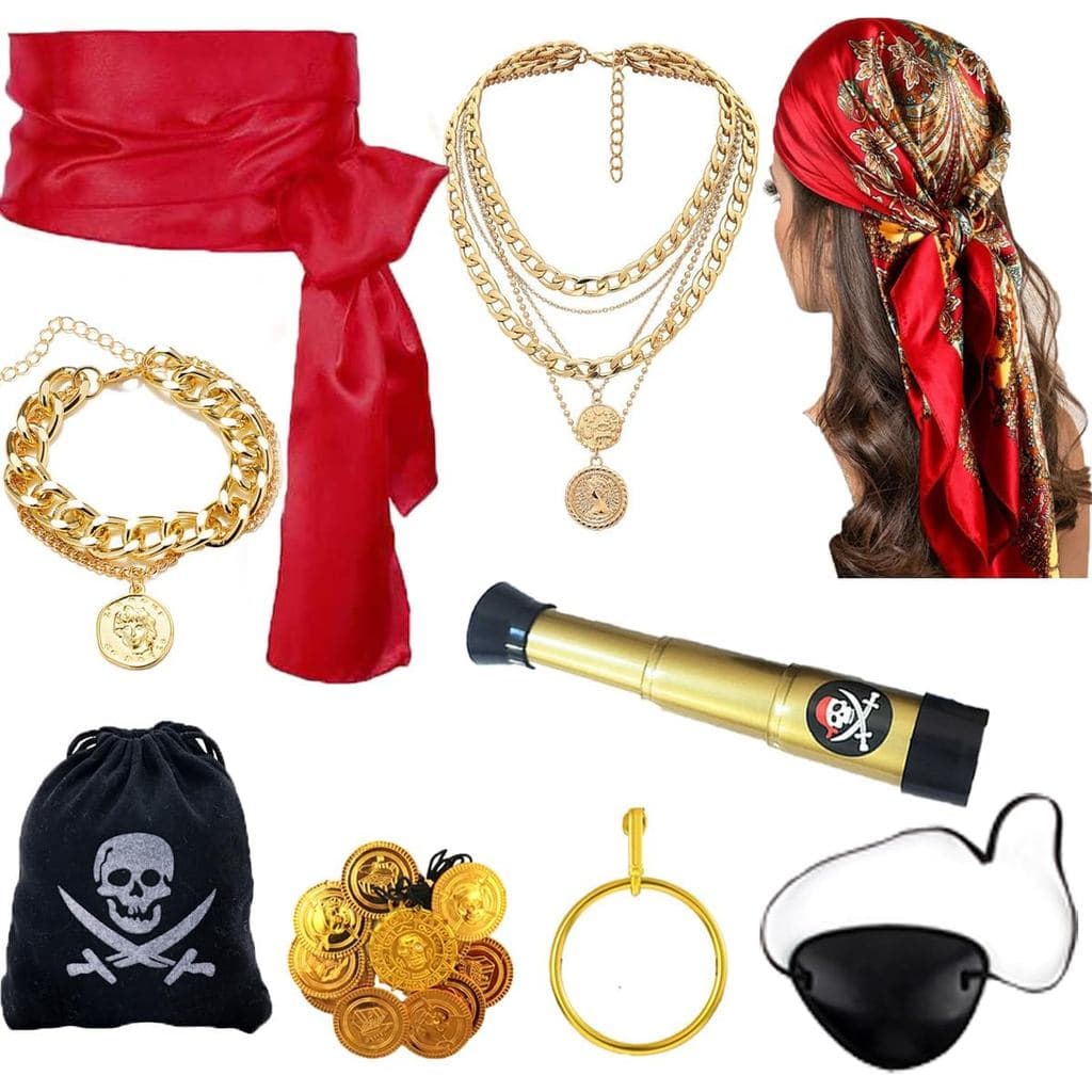 9 Peças de Acessórios para Fantasia de Pirata Feminina com Lenço de Cabeça, Tapa-Olho de Pirata, Faixa, Cinto, Colar, Pu