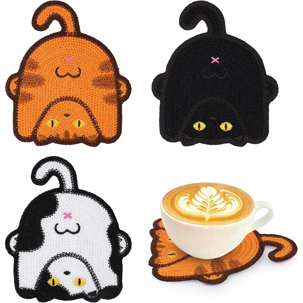 Porta-copos, 3 Peças de Porta-copos de Gato Fofos com Crochê Trançado, Presentes para Amantes de Gatos, Decoração para C