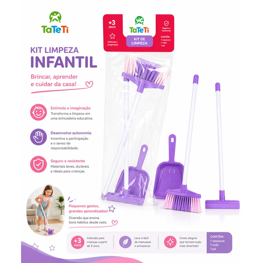 Kit Limpeza Infantil Simples Rosa com Vassoura, Rodo e Pá Brinquedo Educativo