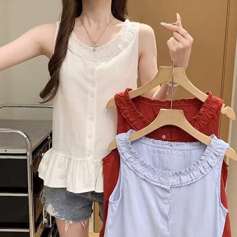 Folha de lótus renda em torno do pescoço sem mangas colete camisa feminina verão 2025 novo estilo doce camisa pequena re