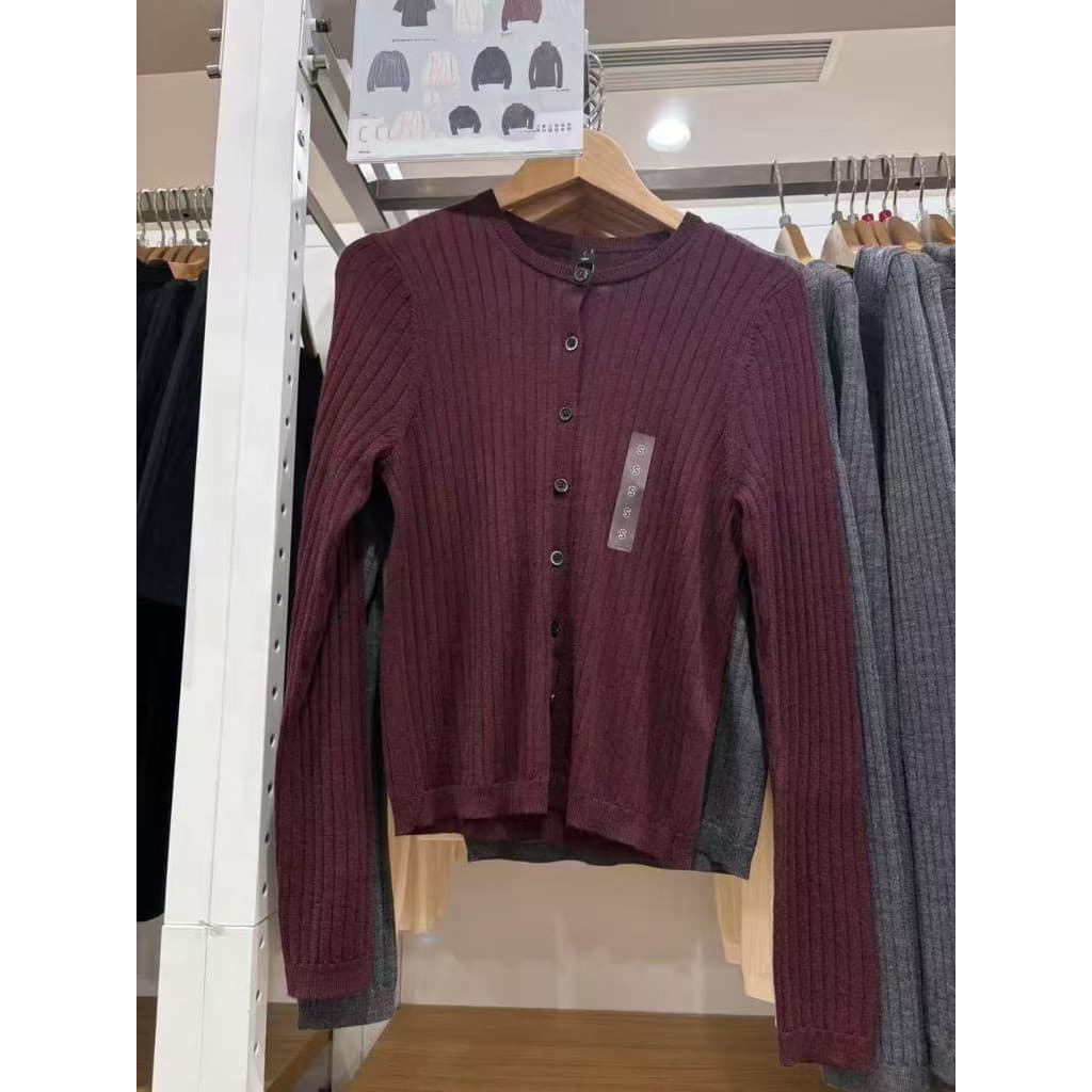 Sumu outono novo estilo Single-Breasted com nervuras em torno do pescoço de malha de manga comprida Cardigan fino-ajuste