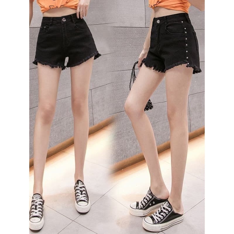 Preto cintura alta estiramento 2024 novo estilo Denim Shorts cintura tamanho grande mais magro olhar All-Match feminino