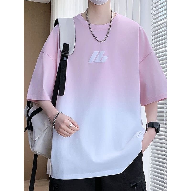 Camiseta de manga curta para meninos, cor gradiente de seda gelada, camiseta solta de verão, meia manga, adolescente, es