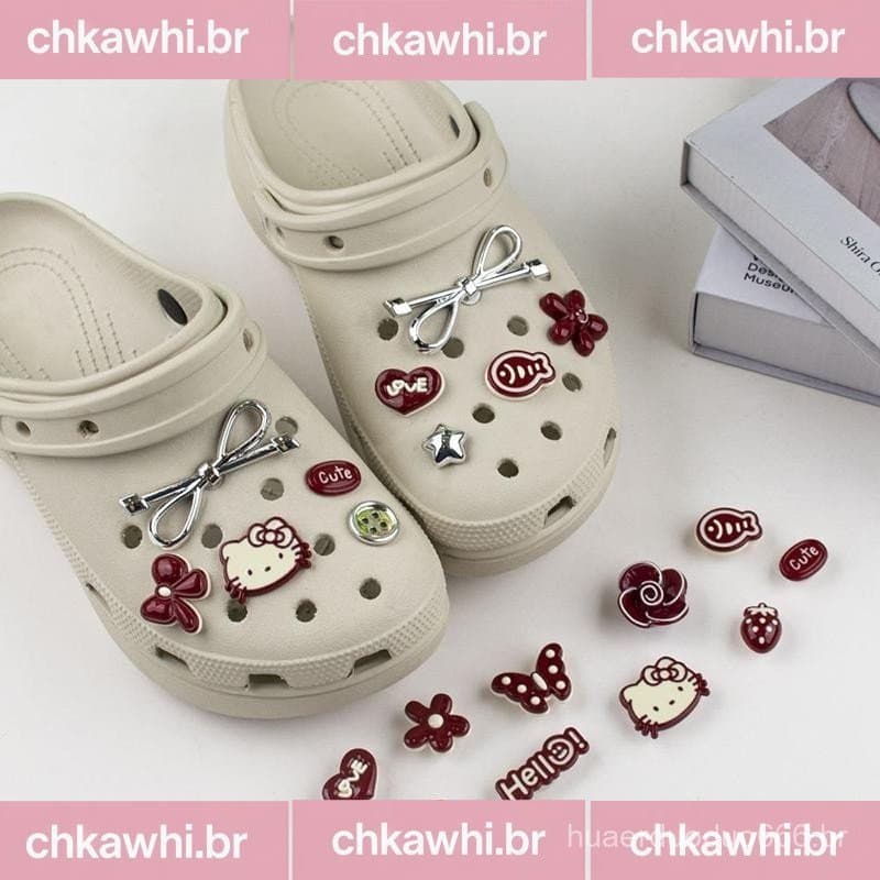 1 Conjunto DIY Sanrio Hello Kitty Laço Vermelho Série Conjunto de Decoração de Sapatos Adequado para Todos os Tamanhos
