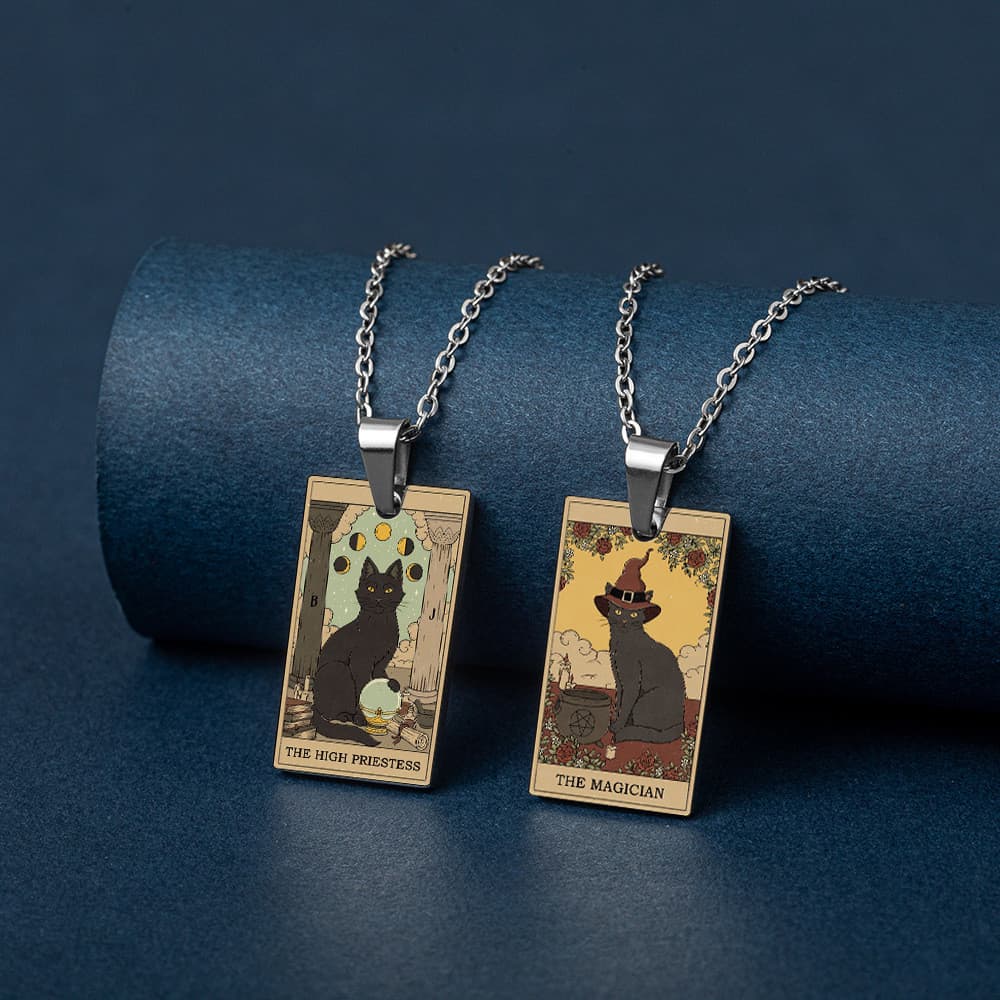TAROT Tarot Rider-Waite Major Arcana Pintura a Óleo Vintage Impressa em UV Colar com Pingente de Gato em Aço Inoxidável
