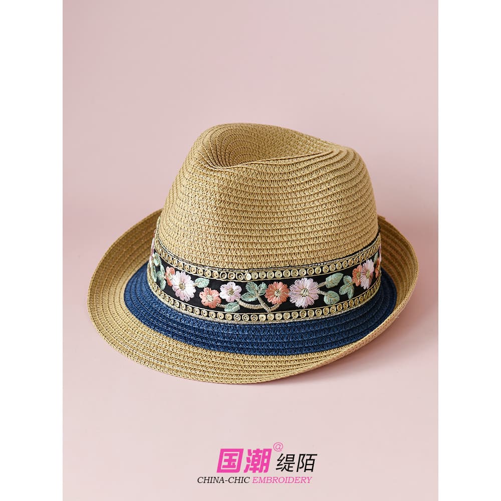 Chapéu de palha panamá feminino bordado flor verão estilo étnico chapéu superior moda Casual Jazz chapéu viagem guarda-s