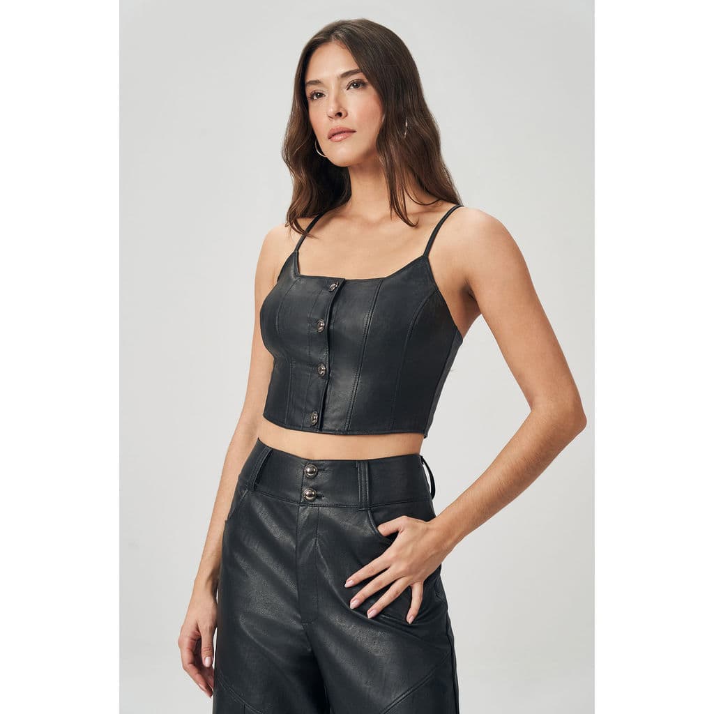 Top Black PU com Botão Feminino Acostamento