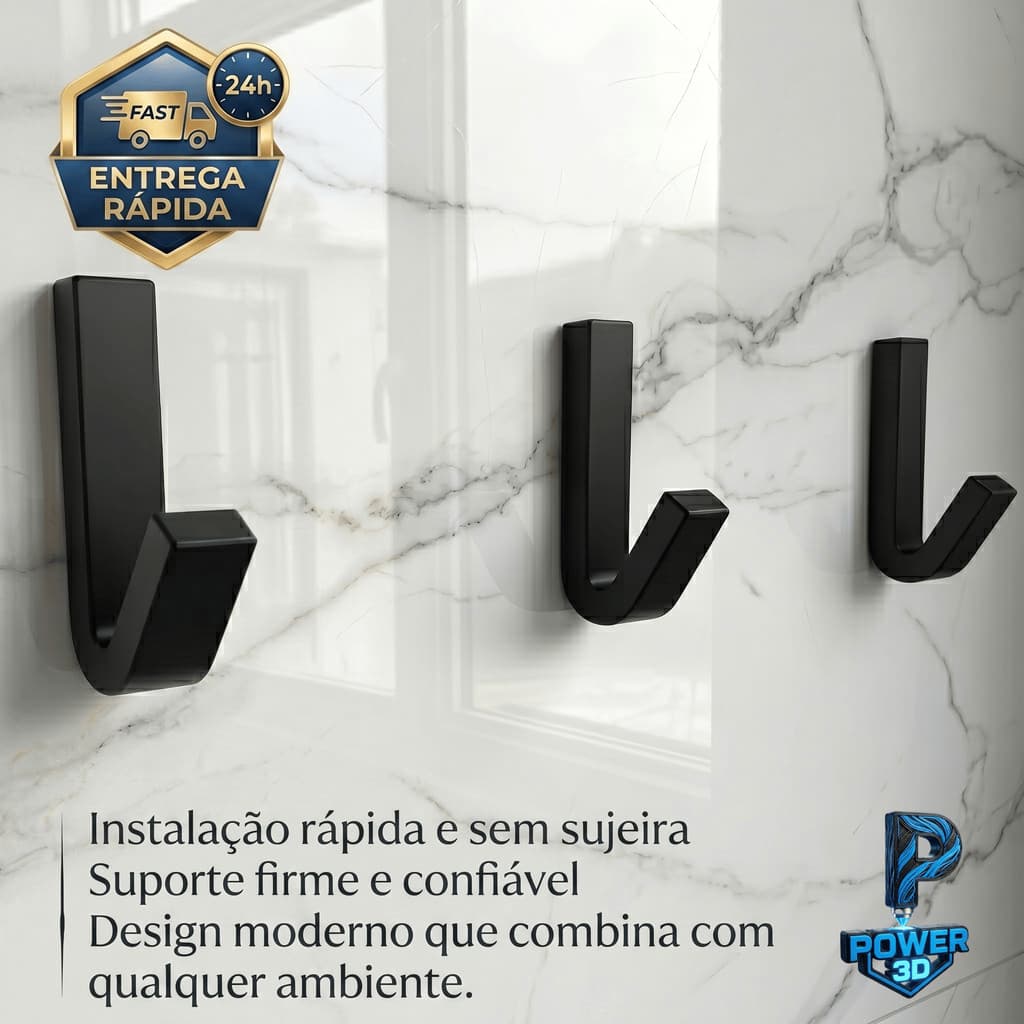 Cabide Gancho Adesivo de Parede com Fita Dupla Face 3M para Toalhas Banheiro Cor Preto Branco Porta