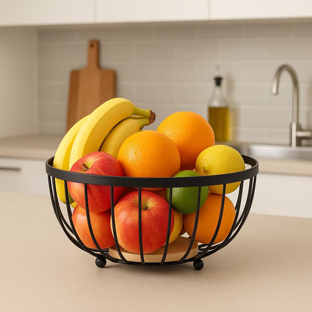 Fruteira De Metal Com Madeira Organizador Café Da Manhã Cozinha Mesa Frutas Pães Decorativa Moderna Resistente Luxo