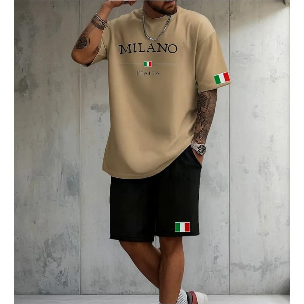 Conjunto Camisa Short Masculino Estilosa Milano Italia Algodão premium Camiseta Milano