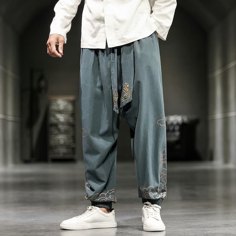 Calças de perna larga bordadas estilo chinês primavera outono calças casuais de linho de algodão masculino Retro solto B