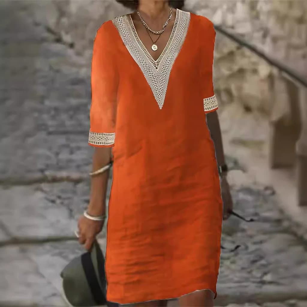 Vestido Casual Feminino de Algodão e Linho com Decote em V e Manga Média, Cor Sólida, Grande Promoção 2026