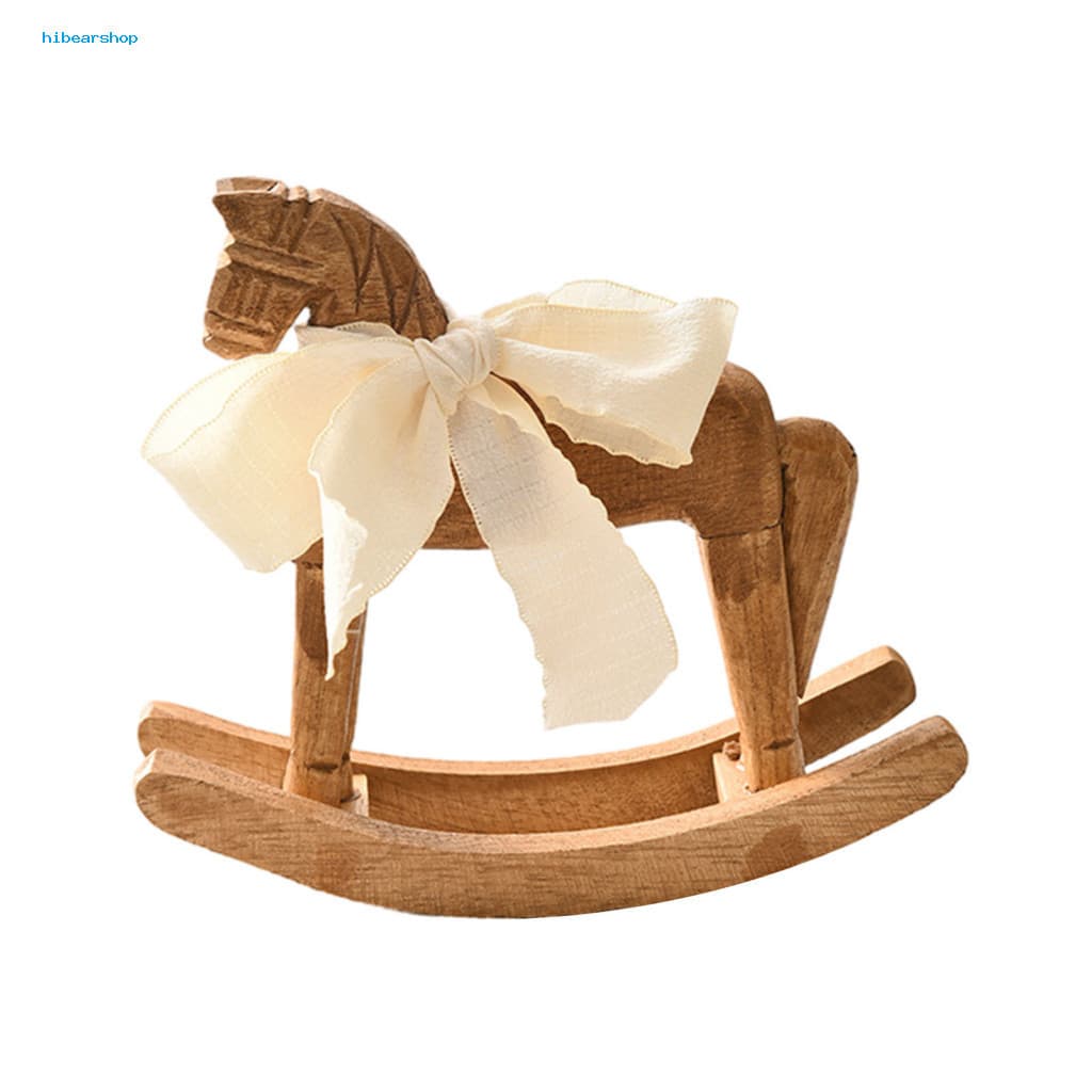 Handcrafted Horse Figurine Wooden Statue Rocking with Ribbon Kinetic Desktop Decoration Ornament for Home Office Living