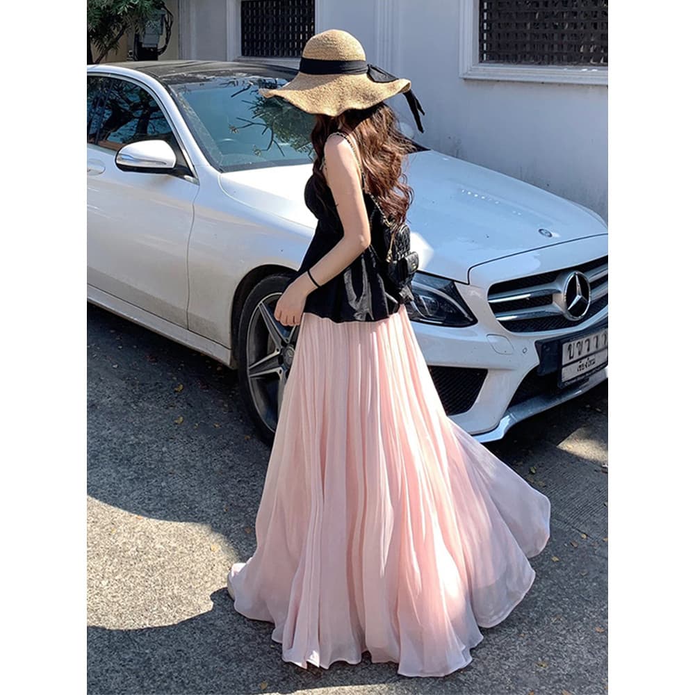 Saia rosa feminina verão 2026 novo estilo Streamer gaze Drape sereia Ji cetim longo verão saia roxa