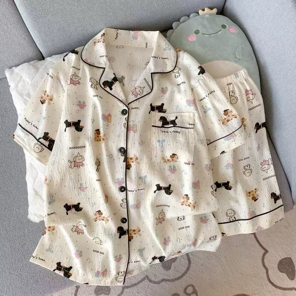 Conjunto De Pijamas De Algodão Com Nuvem De Cachorro Dachshund Fofo Feminino Coreano Solto