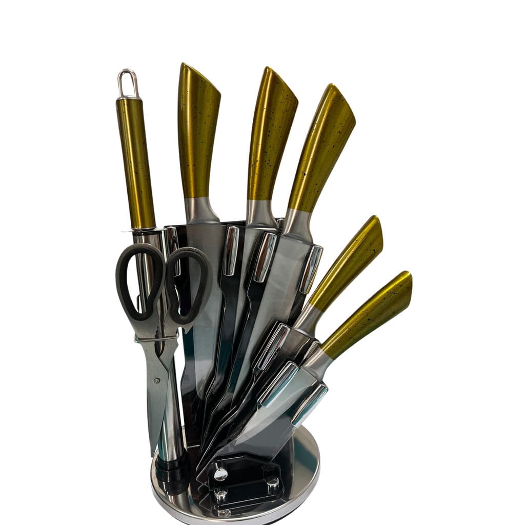 CONJUNTO DE FACAS 8 PEÇAS COM SUPORTE GIRATÓRIO - AÇO INOXIDÁVEL DE ALTA QUALIDADE - DOURADO