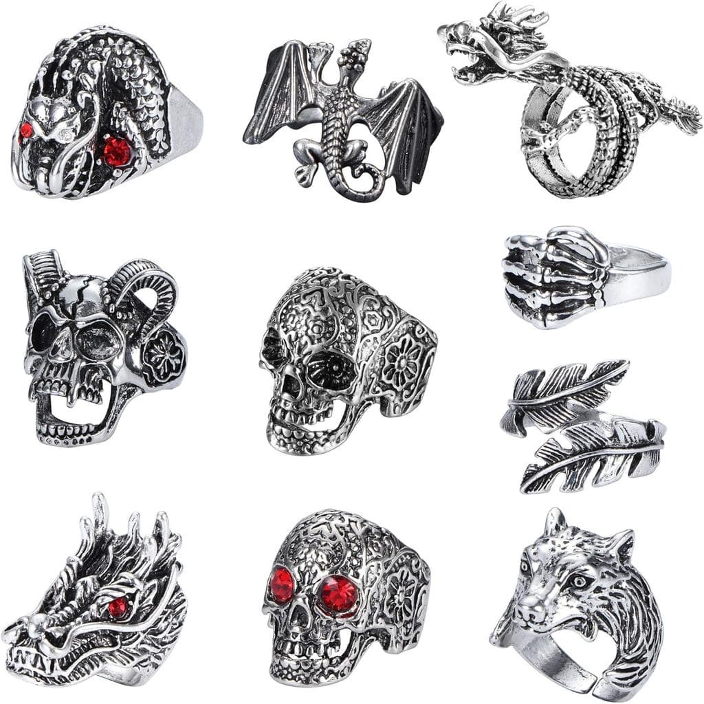 FIASASO 10 Anéis Góticos para Homens, Anel Punk de Crânio de Dragão, Conjunto de Anéis Ajustáveis Estilo Gótico, Anéis V