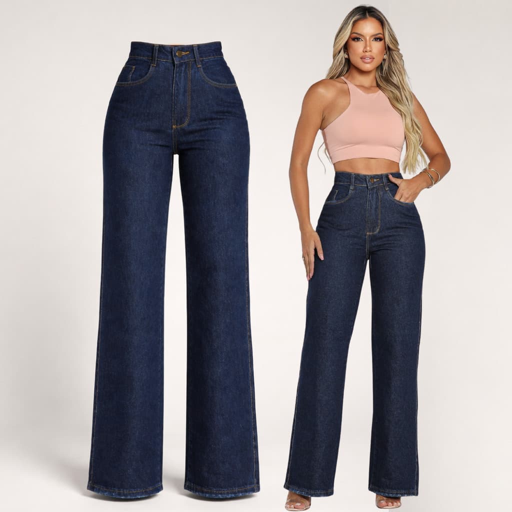 Calça Feminina Wide Leg Jeans Premium Cintura Alta MOM Versátil