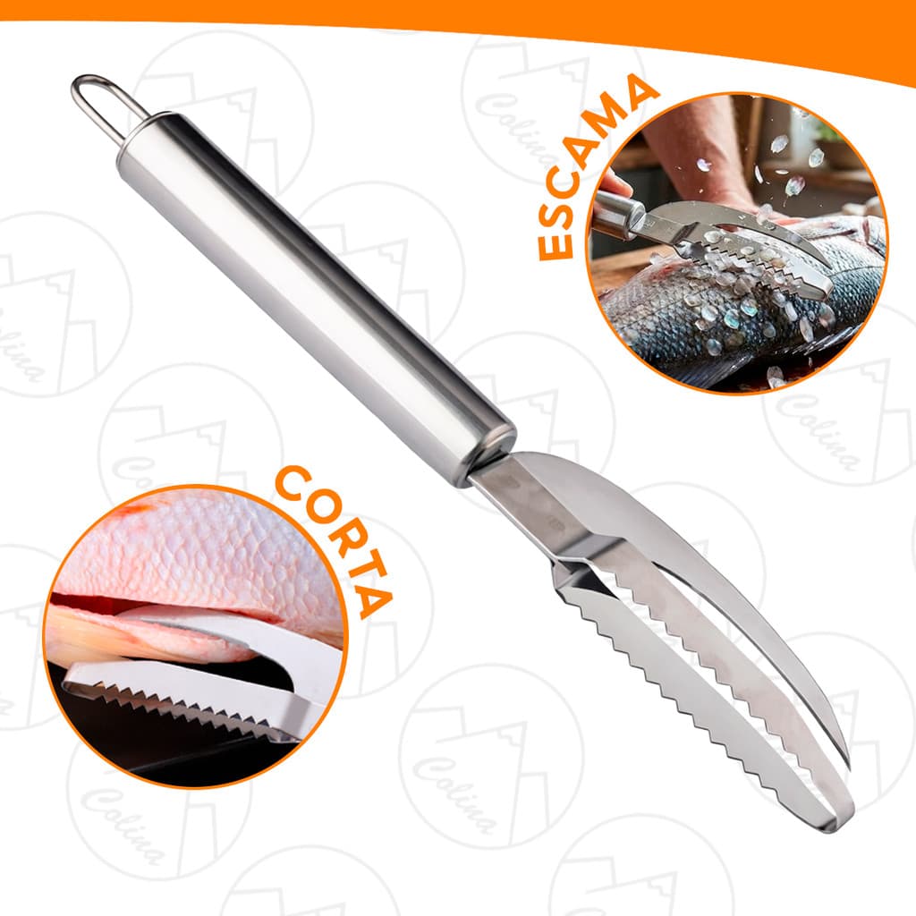 Faca Escamador de Peixe Aço Inox 2 em 1 Corta Limpa Remove Escamas Rápido Utensílio Filial
