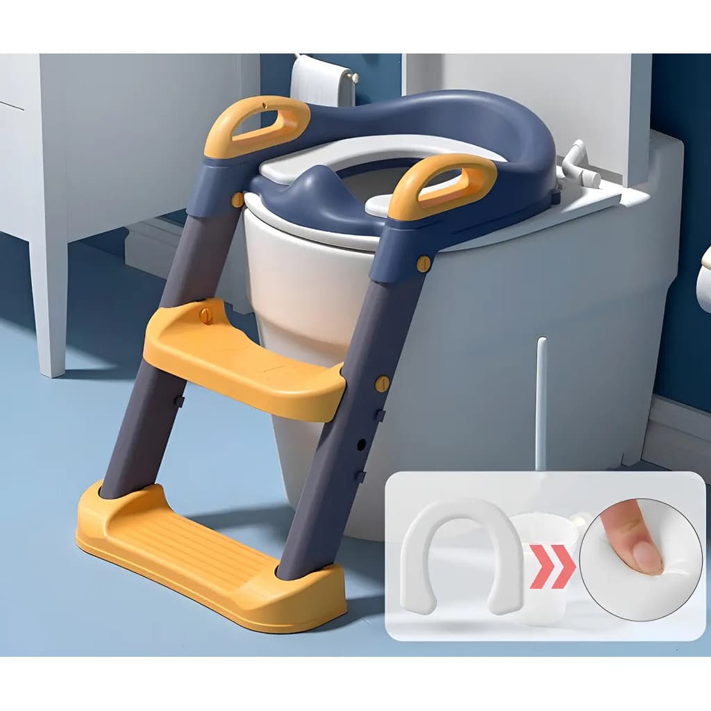Troninho Almofadado Gimboo Azul/amarelo Redutor Assento Sanitário Adaptador Com Escada