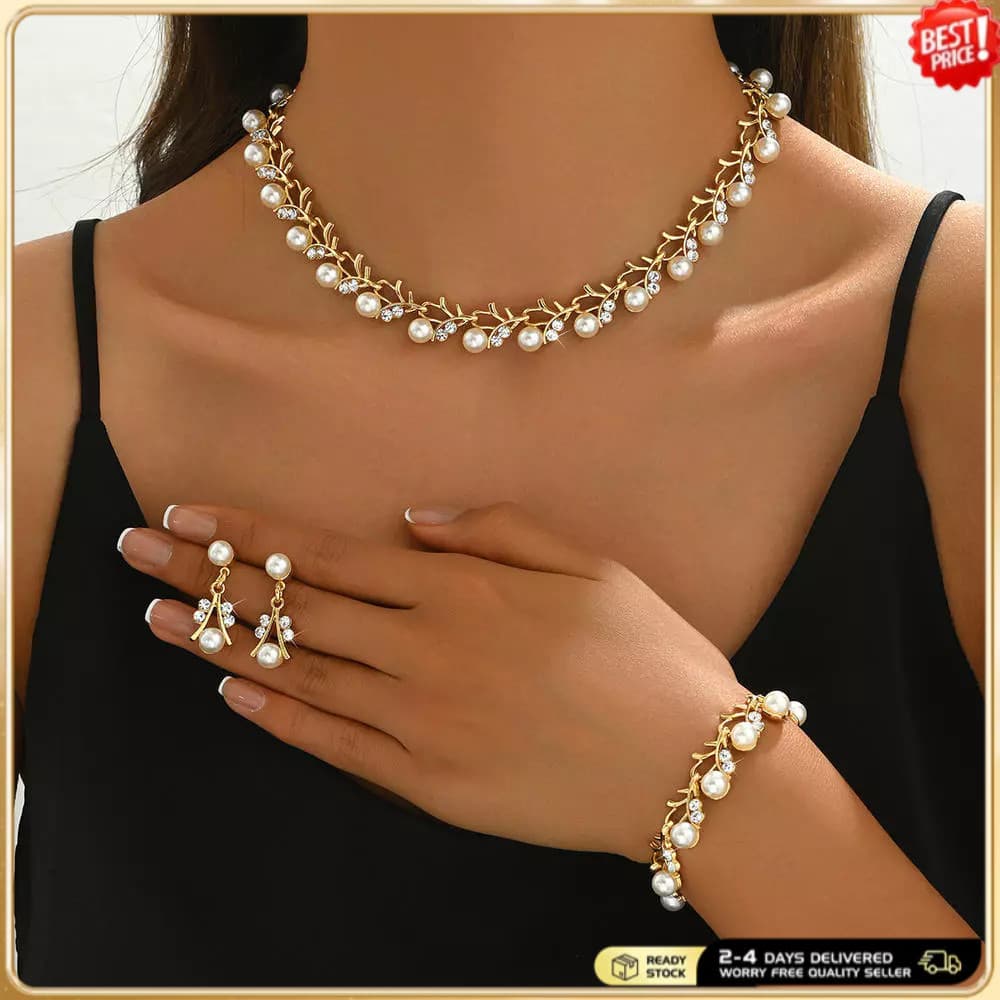 Conjunto de Joias de Noiva La Luen Pearl com Pérolas de Imitação, Cristais e Strass, Incluindo Colar, Brincos e Pulseira