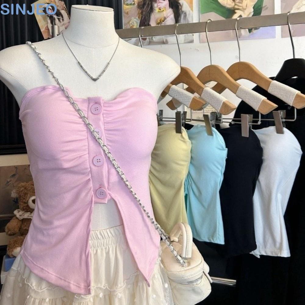SINJEO Crop Tops Com Almofadas , Espartilho Slim Fit Plissado Botão Camisola , Regata Sem Mangas Colete Suspensor