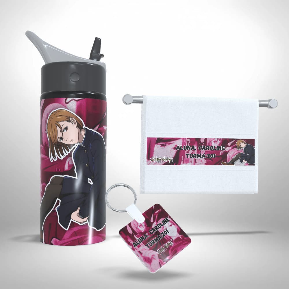 Kit Escolar Squeeze, Toalhinha e Chaveiro Personalizados Jujutsu Kaisen Nobara Kugisaki