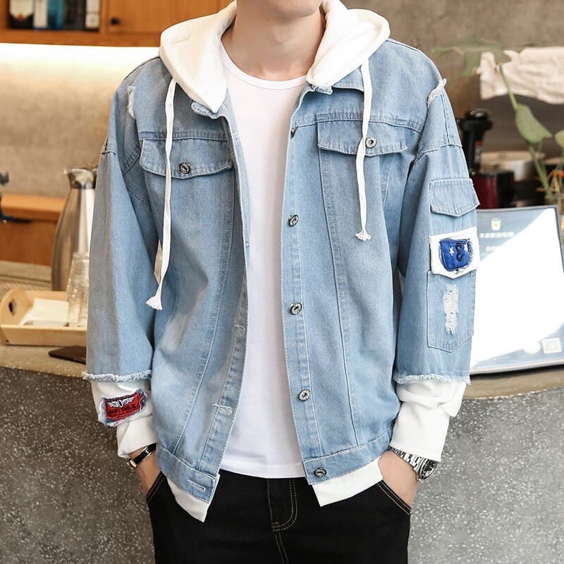 Jaqueta jeans masculina com capuz, jaqueta de duas peças em jeans sintético, jaqueta jeans 0INI