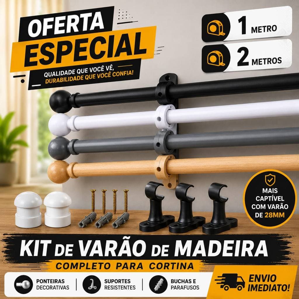 Varão Para Cortina de madeira 2,00 mts 19mm com todo kit para instalção madeira ecologioca