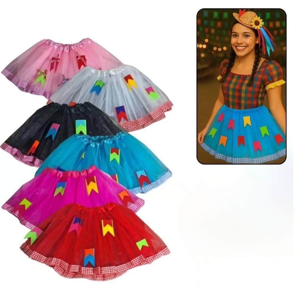 Saia de Tule Festa Junina Arraiá Quadrilha com Bandeirinhas