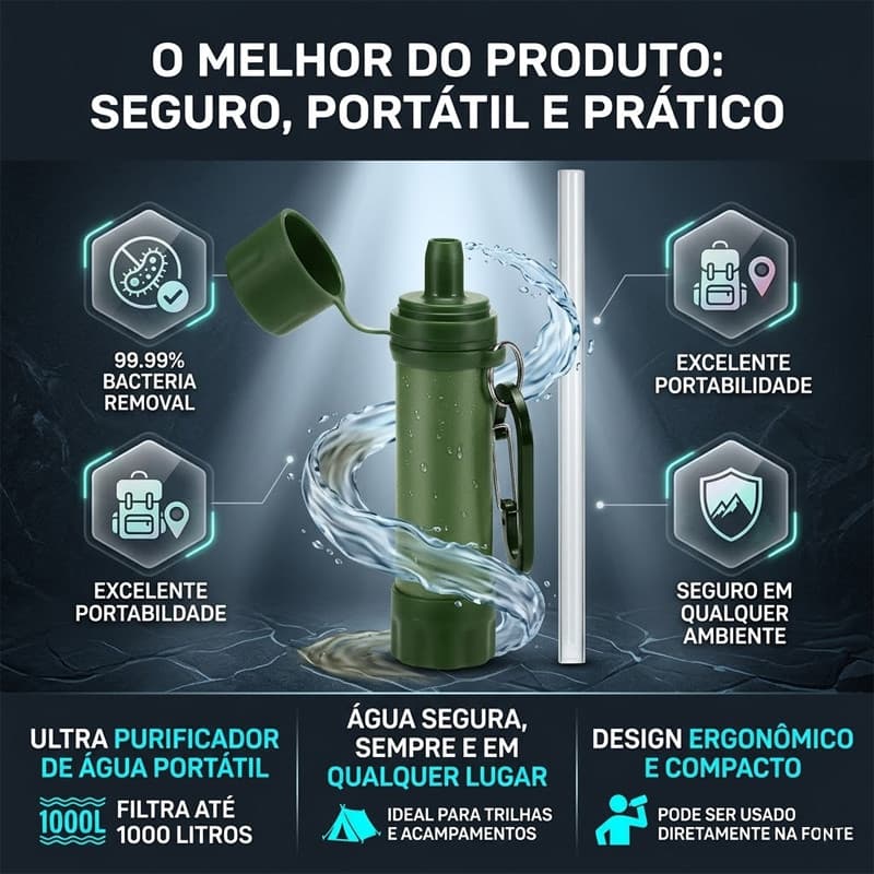Filtro De Água Portátil Purificador Sobrevivência Camping