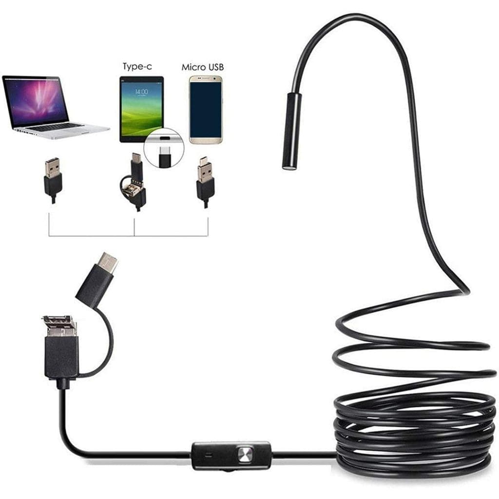 Câmera de Inspeção Endoscópica 3 em 1, Borescope HD à Prova d'Água para Tubos e Drenos com 6 Luzes LED Ajustáveis, Cabo